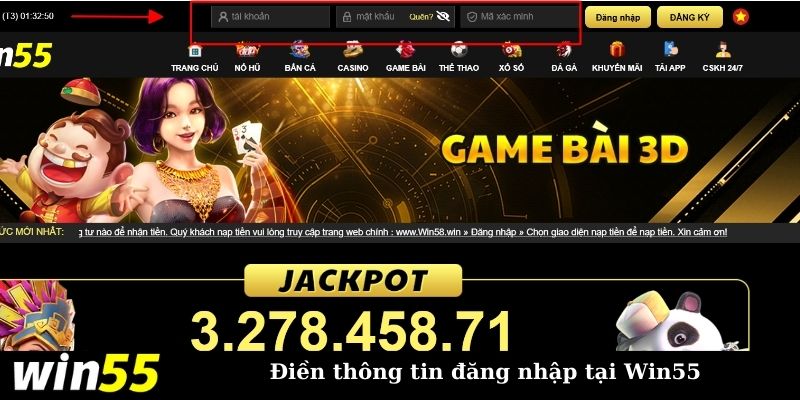 Nhập thông tin vào biểu mẫu đăng nhập WIN55