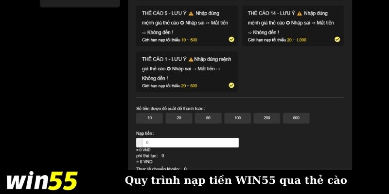 Thẻ cào là hình thức nạp tiền WIN55 rất phổ biến